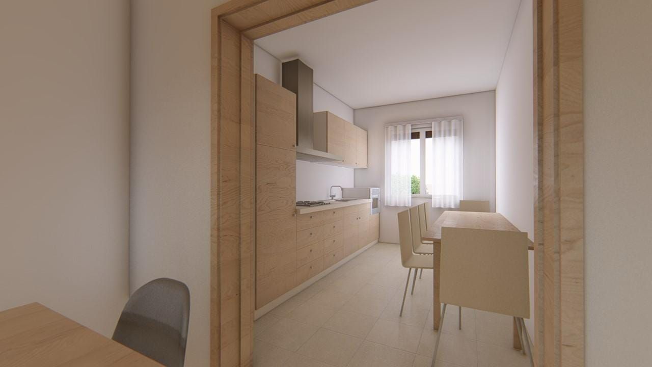 Randare a bucătăriei, cu mobilier din lemn deschis la culoare și masă cu scaune