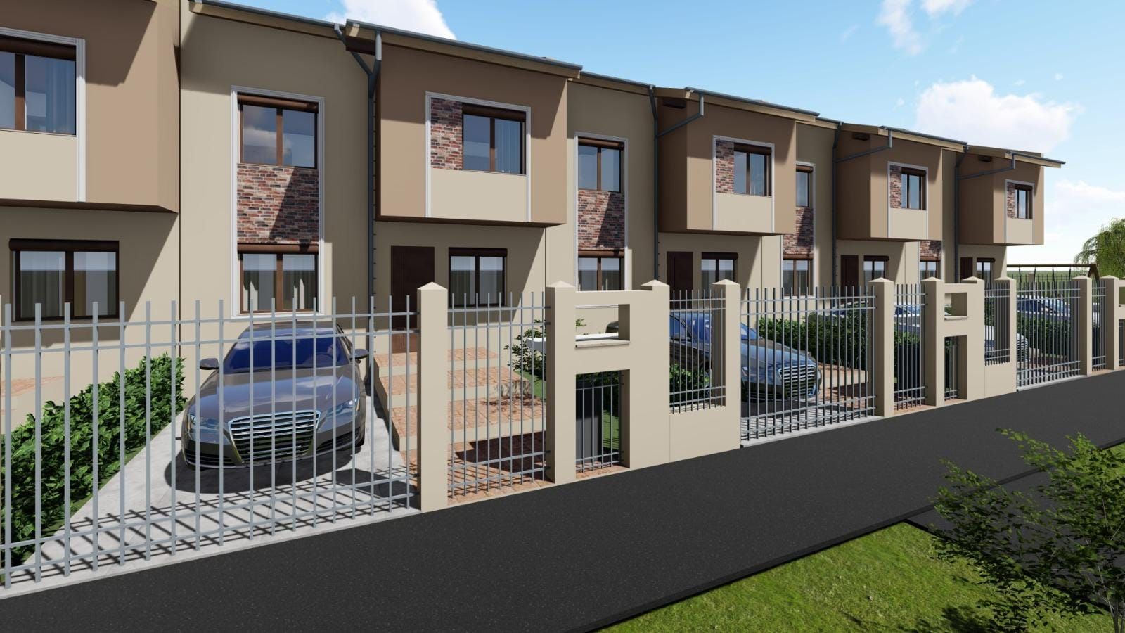 Randare de aproape a fațadelor dinspre stradă: cărămidă decorativă între ferestre, profile albe și gardul metalic gri