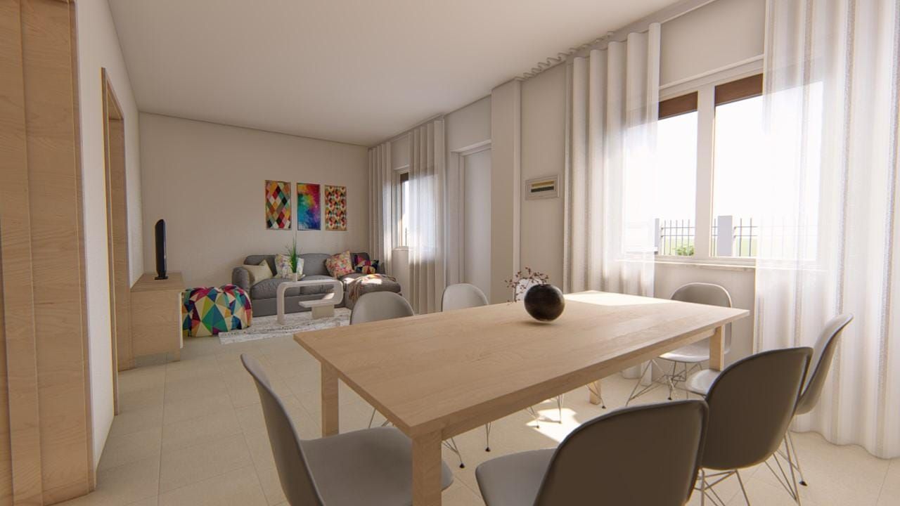 Randare a zonei de zi, cu masa de dining în prim-plan și canapeaua în fundal