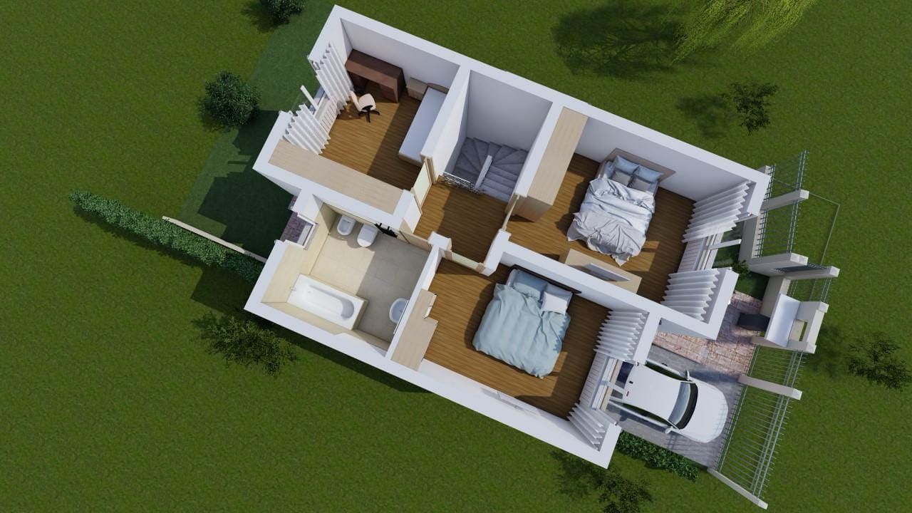 Randare de sus a etajului, fără acoperiș: trei dormitoare, baie și hol